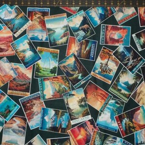 May include: A dark green fabric featuring a repeating pattern of vintage-style rectangular travel posters. Each poster depicts a different United States national park, including Bryce Canyon, Arches, and Zion, with colorful illustrations and text.