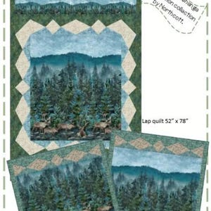 May include: Diamond Daze quilt pattern featuring a forest scene with deer. The main quilt is 46" x 47" and the lap quilt is 52" x 78". The design includes a mountain range and trees, with a diamond-shaped border.