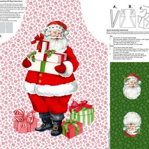 May include: Christmas-themed fabric panel featuring Santa Claus holding gifts, surrounded by presents and festive imagery. The background is a repeating pattern of red and white snowflakes. Additional panels show Santa and a Christmas tree.