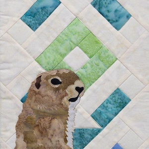 May include: A quilted wall hanging featuring a prairie dog with a smiling expression, set against a geometric background of white, blue, and green fabric. The prairie dog is brown and tan, with a white belly and black eyes. Purple flowers and green foliage are at the bottom.