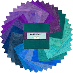 May include: A pack of 42 Royal Nights 5-inch fabric squares in shades of purple, blue, and green. The fabric squares are arranged in a fan shape. The pack includes a label that reads "Royal Nights 5 Royal Gems".