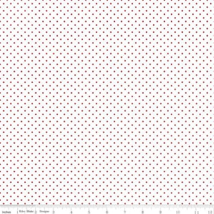 May include: White fabric with a repeating pattern of small, evenly spaced red polka dots. The dots are a deep red color and are consistent in size and shape. The fabric is measured in inches.