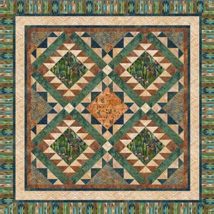 May include: Southwestern-style quilt featuring geometric patterns in shades of green, brown, and tan. The quilt showcases diamond shapes with cactus and floral motifs, framed by a patterned border. The design evokes a desert landscape.