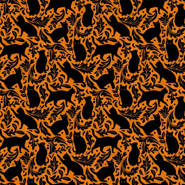 Hallow's Eve - Cat Damask - Yardage - by Cerrito Creek for Northcott Fabrics - Halloween,  Black Cats - 27088-54 Orange Black