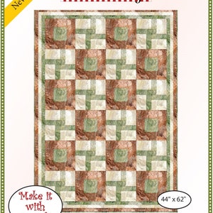 May include: Quilt pattern for a "Courtyard" quilt, featuring a grid of squares with a brown and green marbleized fabric. The pattern is designed to be made with 3 yards of fabric and will result in a quilt measuring 44 inches by 62 inches.