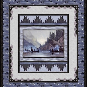 May include: A decorative quilt featuring a central image of orcas swimming in a misty bay, surrounded by a border of repeating orca and water patterns. The quilt has a square shape with a detailed design and a variety of colors.
