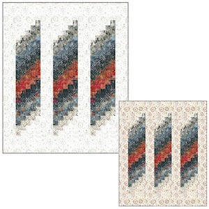 May include: Three colorful quilt blocks with a geometric pattern of red, blue, and black squares. The blocks are arranged in a row on a white background with a subtle pattern.