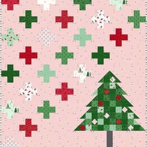 May include: A pink background with a green and white Christmas tree in the center. The tree is surrounded by red and green plus signs. There are also small white and red Christmas ornaments scattered throughout the background.