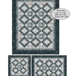 May include: A quilt pattern titled "Pavimento Tile" with a repeating diamond design in shades of gray, white, and teal. The image includes three quilt size options: Lap (71" x 88"), Wall (50" x 50"), and Queen (96" x 96"). The design features Northcott's Stonehenge Surfaces.