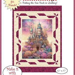 May include: A quilting pattern featuring a castle with a pink and purple sky, surrounded by a burgundy and cream border. The pattern is titled "Ribbons & Bows" and is 42 inches by 57 inches.