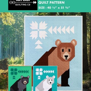May include: A quilt pattern titled "Bear-Wildered" with a bear design, size 40.5" x 51.75". The pattern includes a large bear illustration in shades of brown, with geometric shapes and a light blue background. Additional smaller quilt examples are shown.