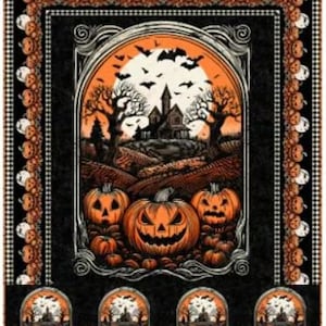 May include: A Halloween-themed decorative quilt featuring a spooky scene with jack-o'-lanterns, a haunted house, and bats against an orange moon. The quilt has a black border with pumpkin and moon accents, creating a festive and eerie design.
