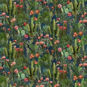May include: A detailed pattern featuring various cacti and succulents in shades of green, with vibrant red and pink flowers. The background is a deep, dark blue, creating a striking contrast. The design evokes a desert landscape.