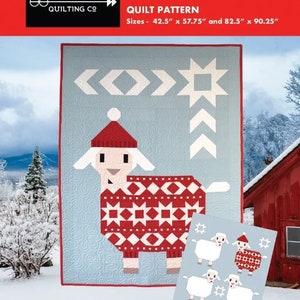 May include: Knitted For Ewe quilt pattern featuring a red and white geometric design with a white sheep wearing a red hat. The pattern is available in two sizes: 42.5 inches by 57.75 inches and 82.5 inches by 90.25 inches.