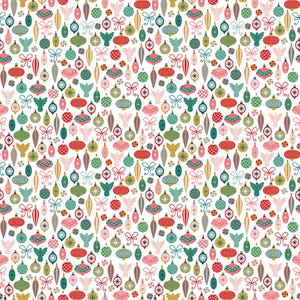 May include: A repeating pattern of Christmas ornaments in red, green, gold, and teal on a white background. The ornaments include baubles, bows, angels, and teardrop shapes, creating a festive holiday design.
