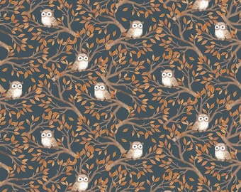Little Forest - Owls - Yardage - By Dear Stella - Branches, Leaves, Outdoors, Animals - Dark Blue, Orange - DNS 2307 Iron