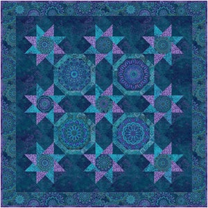 May include: A quilt with a teal background and a pattern of pink and blue stars and circles. The stars have a mandala design in the center.