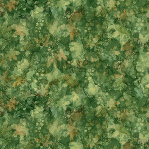 May include: A seamless pattern featuring a watercolor design of green and brown leaves, acorns, and berries. The pattern has a mottled appearance with varying shades of green, yellow, and brown, creating a natural, organic aesthetic. This design is suitable for fabric, wallpaper, or other craft projects.
