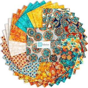May include: A circular arrangement of colorful fabric squares. The fabrics feature floral and geometric patterns in shades of orange, yellow, teal, and blue. The center fabric has the text "QT fabrics".