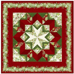 May include: A festive quilt with a central white star design, surrounded by red and green geometric shapes. The quilt features a red border and a floral garland edge. The overall theme is holiday decor.