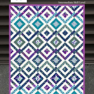 May include: A quilt pattern titled "Entangled Quilt Pattern" designed by Gingerberry Quilts. The pattern is for a 48 by 60 inch quilt and is an intermediate skill level. The quilt pattern features a geometric design with a white background and squares of various shades of blue, purple, and green.