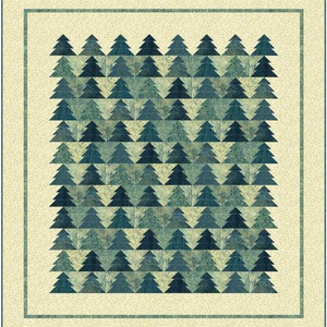 May include: A quilt with a pattern of blue and green trees on a cream background. The trees are arranged in rows and are all the same size. The quilt is surrounded by a cream border with a blue and green trim.