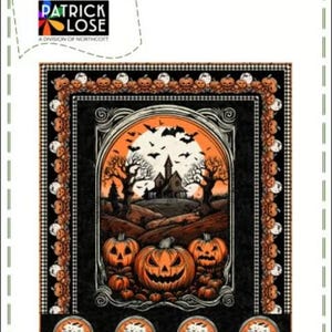 May include: A Halloween-themed quilt featuring a spooky scene with jack-o'-lanterns, a haunted house, and bats under a full moon. The quilt measures 49" x 60" and has a black and orange color scheme. The text "Center Stage" is displayed at the top.