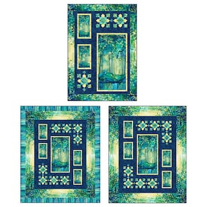 May include: Three quilt patterns featuring a blue and green forest scene with a waterfall. The patterns are framed with a dark blue border and a light blue and green border.