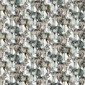 May include: A seamless pattern featuring a repeating design of grey and brown wolves standing on a white background.