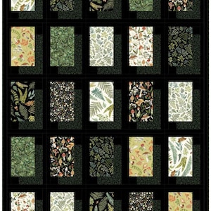 May include: A fabric panel featuring a grid of rectangular designs with various botanical patterns. The designs include ferns, mushrooms, and floral motifs in shades of green, white, and brown against a black background. The overall theme is nature and the outdoors.