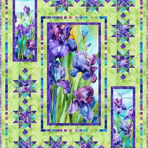 May include: A floral quilt featuring large, purple iris flowers with green stems and leaves. The quilt has a light green background with purple and blue accents, and star-shaped patterns. The design is framed with a purple border.