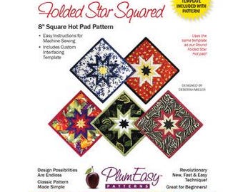 May include: A collection of five square hot pad patterns, each featuring a folded star design. The patterns are in various colors, including red, blue, and green, and are approximately 8 inches square. The text on the image reads "Folded Star Squared" and "Easy Machine Sewn".