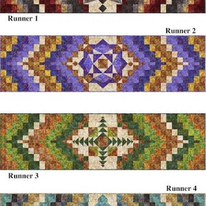 May include: Four different quilt runners with geometric patterns in various colors. The runners are labeled "Runner 1", "Runner 2", "Runner 3", and "Runner 4".