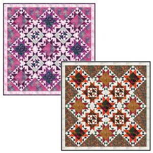 May include: Two quilt patterns with a starburst design. The first quilt is pink with purple and white stars. The second quilt is brown with orange and white stars.