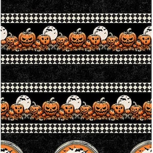 May include: A fabric pattern featuring horizontal rows of orange jack-o'-lanterns, full moons, and black and white checkered stripes. The bottom section displays arched windows revealing a haunted house scene with bats against an orange sky.