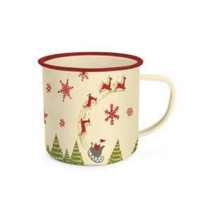 May include: A white enamel mug with a red rim and a Christmas design featuring reindeer, snowflakes, and pine trees. The mug has a handle.