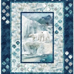 May include: A quilted blanket featuring a polar bear theme. The central image depicts two polar bears on an icy landscape. The border is a dark blue with repeating paw prints and geometric shapes in shades of blue and gray. The overall design evokes a wintery scene.