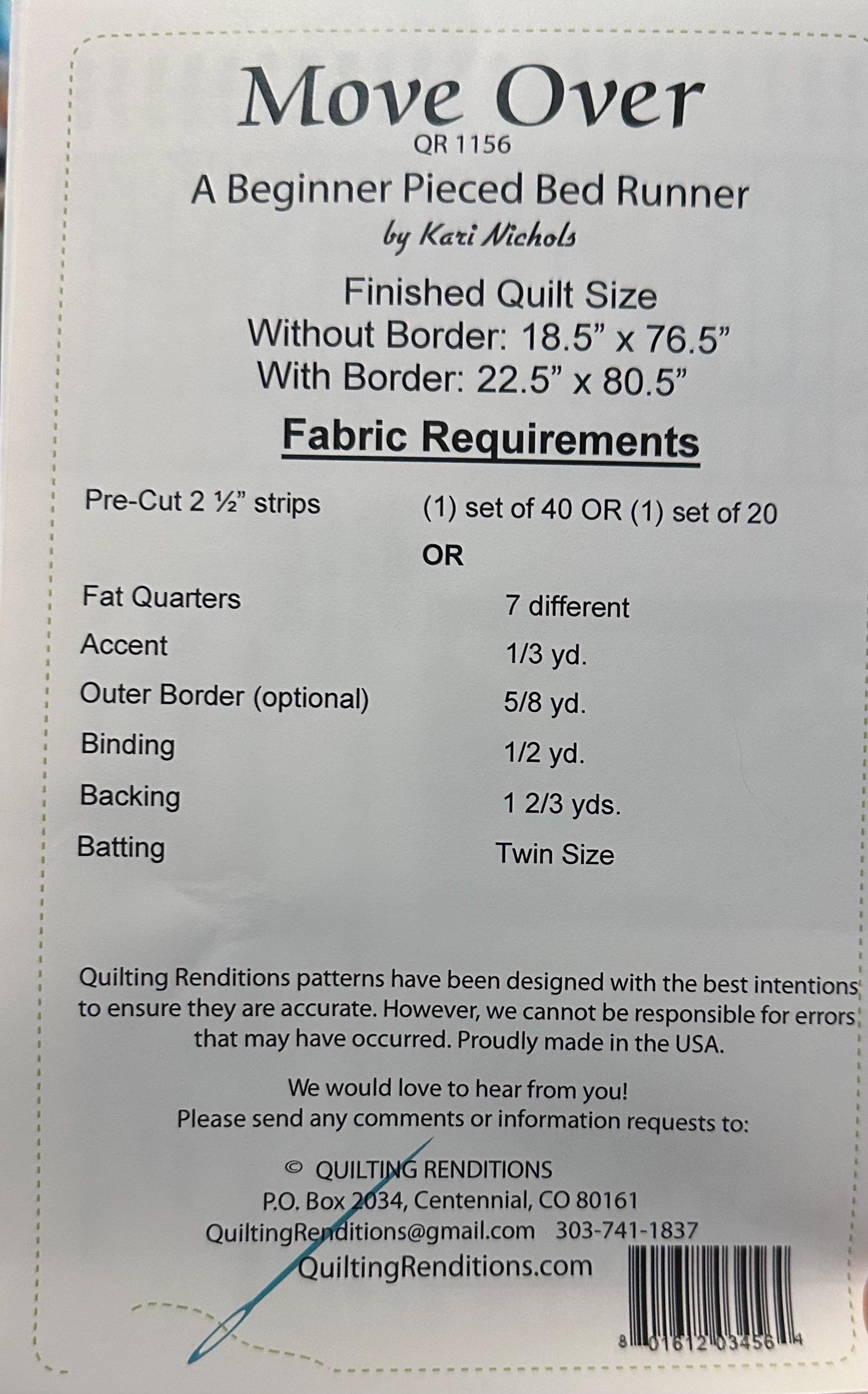 Move Over Bed Runner - Quilt PATTERN - by Quilting Renditions ...
