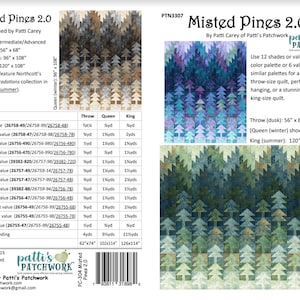 May include: A quilt pattern titled "Misted Pines 2.0" by Patti Carey. The design features a repeating pattern of stylized pine trees in shades of blue, green, and brown. The pattern includes sizes for a throw (56" x 68"), queen (96" x 108"), and king (120" x 108") quilt.