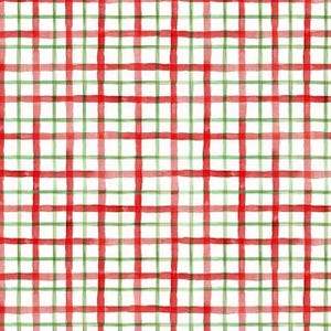 May include: Watercolor plaid pattern in red and green on a white background. The design features a grid of intersecting lines, creating a classic plaid or tartan effect. The lines have a slightly uneven, hand-painted appearance.