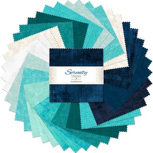 May include: A pack of 5-inch fabric squares in shades of blue and green. The fabric squares are arranged in a circle with the text "Serenity 5-Inch Charms" in the center.