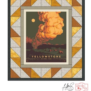May include: A vintage-style poster with a yellow, orange, and red cloud of smoke rising from a forest. The poster has a dark green background and the text "YELLOWSTONE NATIONAL PARK" in white letters. The poster is framed with a gold and silver geometric pattern.