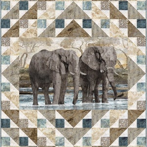 May include: Two gray elephants standing in a shallow river with a background of trees and a geometric pattern of brown, beige, and blue squares and triangles.