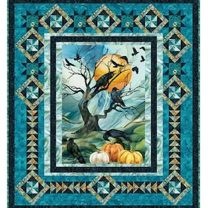 May include: A rectangular quilt featuring a central panel with a dark tree, black crows, a large orange moon, and pumpkins on the ground. The border consists of teal and dark blue geometric patterns, including star and pinwheel block designs.