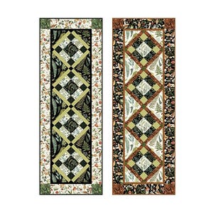 May include: Two rectangular table runners. One features a black and green diamond pattern with fern and floral accents on a cream background. The other has a similar design with brown and green tones, and a black background with floral and leaf patterns.