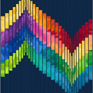May include: Abstract rainbow pattern with vertical stripes of color, each stripe is made up of small triangles. The colors are yellow, orange, red, pink, purple, blue, green, and teal.