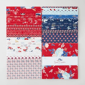 May include: A pack of 42 fat quarter fabric squares in red, white, and blue patriotic prints. The fabric squares feature stars, stripes, fireworks, and floral designs. The pack is labeled "Sweet Freedom" by Riley Blake Designs.