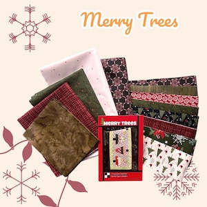 May include: A set of fabric squares in various Christmas-themed patterns, including red, green, and white. The fabric squares are arranged in a stack, with a red and white package labeled "Merry Trees" in the center. The package contains a quilt pattern.