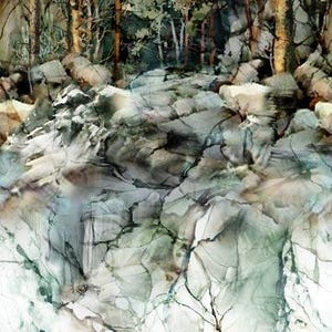 May include: Abstract watercolor painting of a forest scene with a rocky stream bed. The painting features shades of green, blue, and white, with a textured effect.