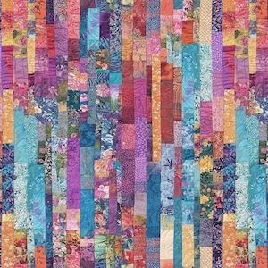 May include: A quilt featuring a vertical strip-pieced design composed of numerous fabric rectangles in a vibrant array of colors including teal, magenta, orange, purple, and yellow, with various floral and geometric patterns stitched together.